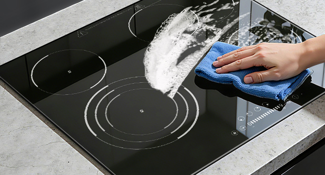 Le texte se lit comme suit : « Image 4 ». Séquence montrant le processus de nettoyage d'une surface de cuisson en verre noir à l'aide d'un chiffon de nettoyage bleu, montrant un mouvement d'essuyage circulaire.