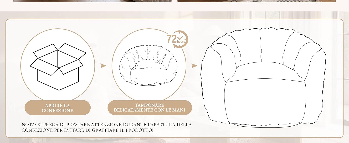 Diagramma didattico che mostra le istruzioni di assemblaggio e configurazione dei mobili con scatola di cartone, le fasi di assemblaggio e l'illustrazione completa del prodotto del divano.
