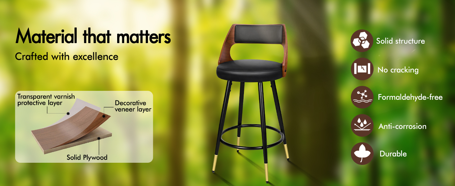 Text reads 'Material that matters'. Product showcase featuring sustainable furniture materials with icons indicating eco-friendly features: formaldehyde-free, anti-corrosion, durable.