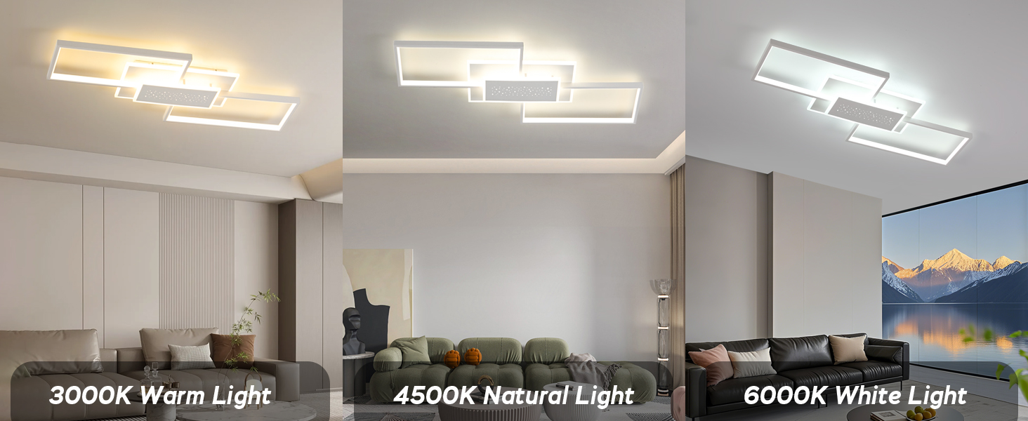 Drei Leuchten mit unterschiedlichen Farbtemperaturen: 3000 K warmes Licht, 4000 K natürliches Licht und 6000 K weißes Licht an der Decke. Moderne rechteckige Leuchten im fluoreszierenden Stil.
