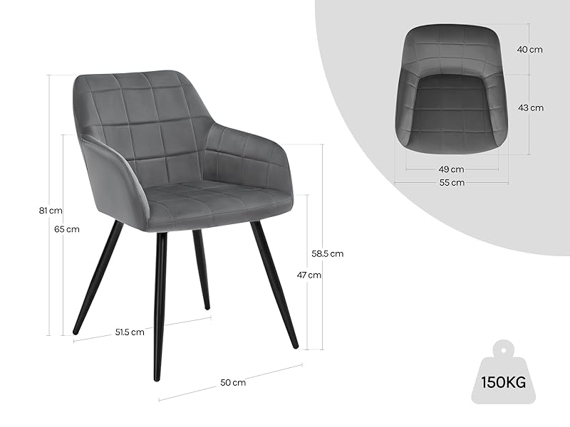 con especificaciones dimensionales, patrón de asiento acolchado, patas de metal y capacidad de peso de 150 kg.
