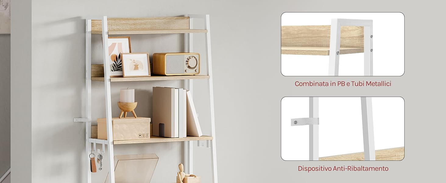 Sequenza che mostra le fasi di installazione della scrivania a parete. Scrivania in legno bianco con meccanismo pieghevole e piano in legno naturale, che dimostra dimensioni compatte e posizioni funzionali nell'area di lavoro.