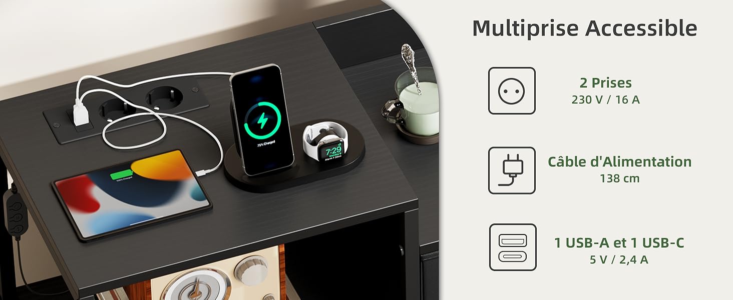 Le texte indique « Multiprise Accessible », « 2 prises 29*17*14 », « Câble d'alimentation 1,98 cm », « 1 USB-A et 1 USB-C 5V/3A ». Barrette d'alimentation noire avec plusieurs prises et ports USB affichant les appareils connectés sur le bureau.