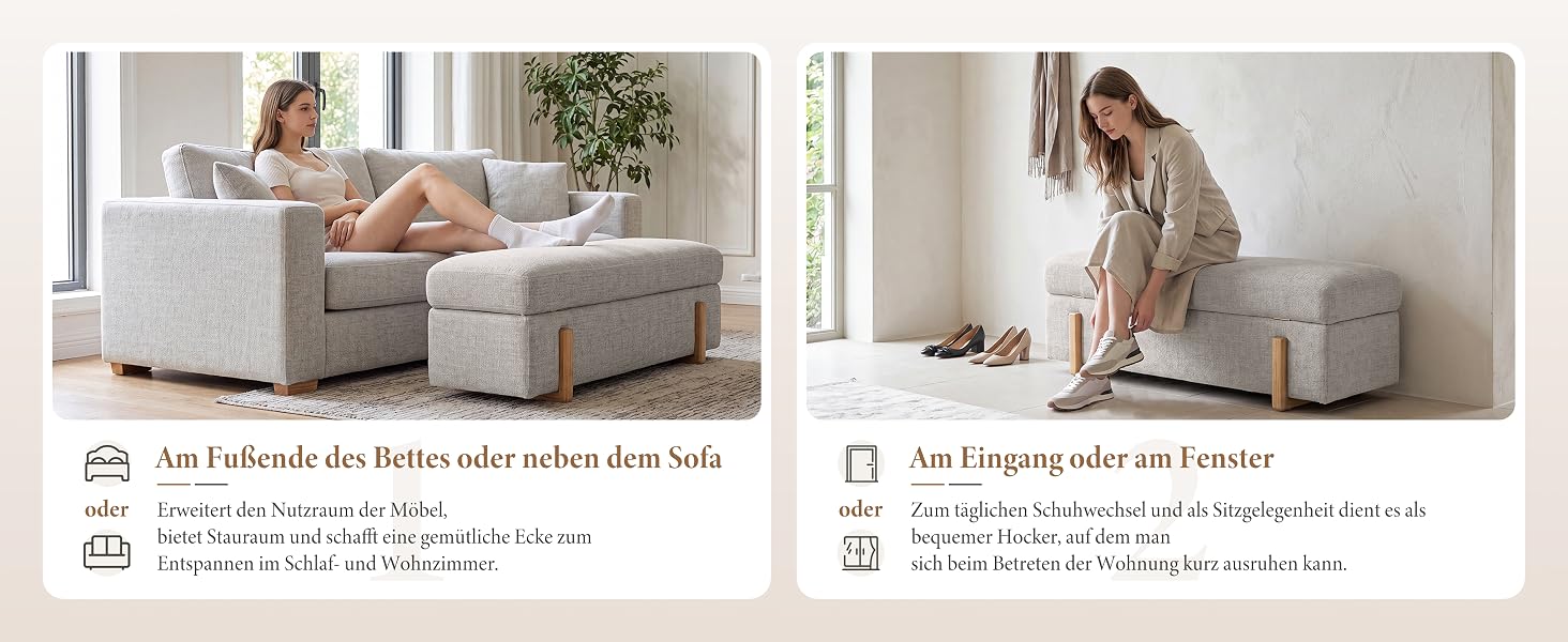 Zwei nebeneinander liegende Innenarchitekturfotos, die die Anordnung der Möbel zeigen. Der Text verweist auf „ein Fabrikat“ und Produktdetails, obwohl der Text in dieser Ansicht nicht vollständig lesbar ist.