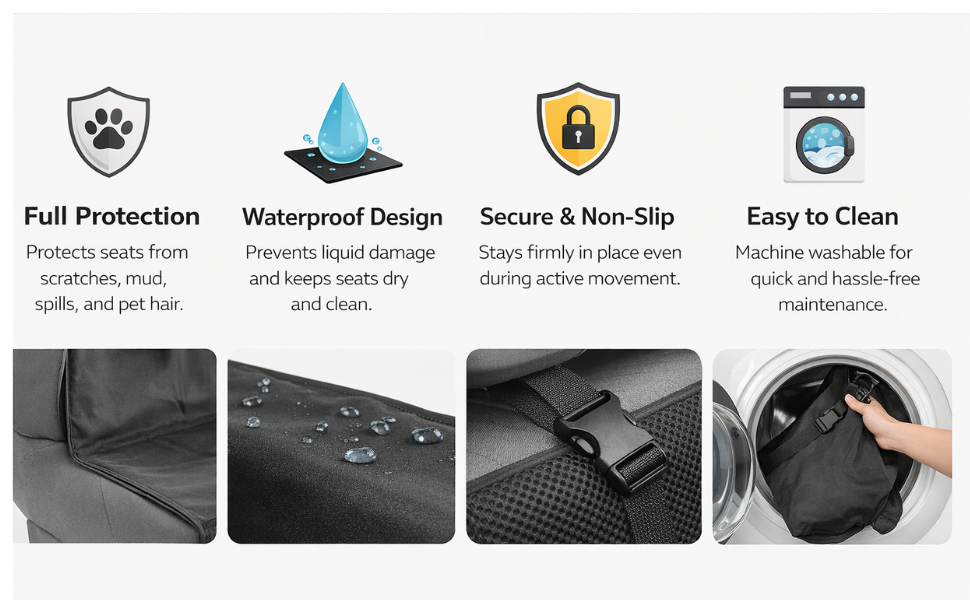 Text reads: 'Full Protection', 'Waterproof Design', 'Secure &amp; Non-Slip', 'Easy to Clean' with descriptive text beneath each. Four feature icons and corresponding demonstration photos showing a dark protective mat or seat cover with water-resistant properties.
