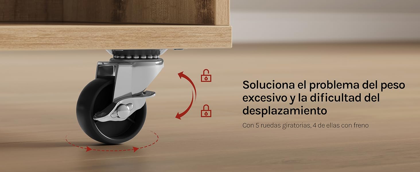 El texto dice «Soluciona el problema del peso excesivo y la dificultad del movimiento» con indicadores de flecha. Se muestra una rueda giratoria negra giratoria montada sobre un suelo de madera que demuestra una solución de movilidad y reducción de peso.