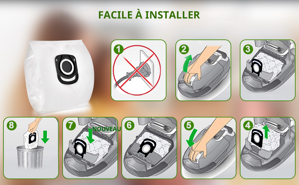 Le texte indique « FACILE À INSTALLER ». Guide d'installation en huit étapes présentant des icônes numérotées illustrant la séquence de montage du produit avec le périphérique photo.