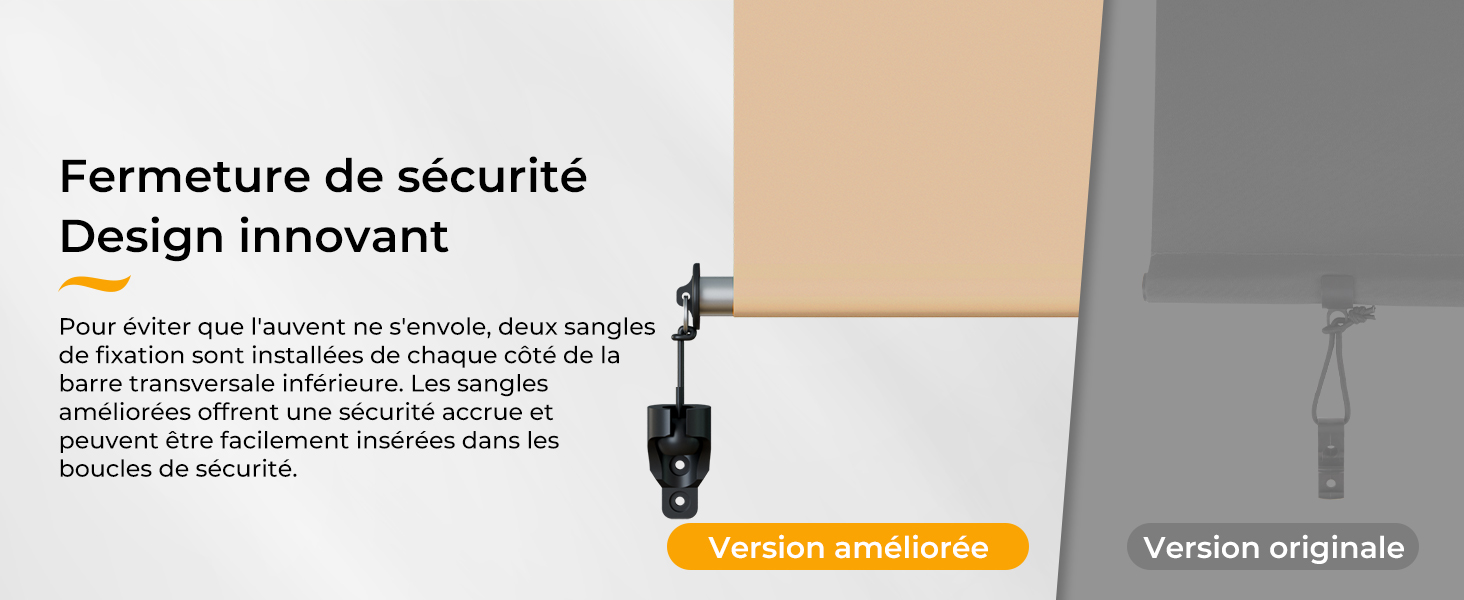 Le texte se lit comme suit : « Format use de sécurité », « Design innovant », « Version originale ». Schéma technique ou page de manuel d'instructions présentant les éléments de conception liés à la sécurité.
