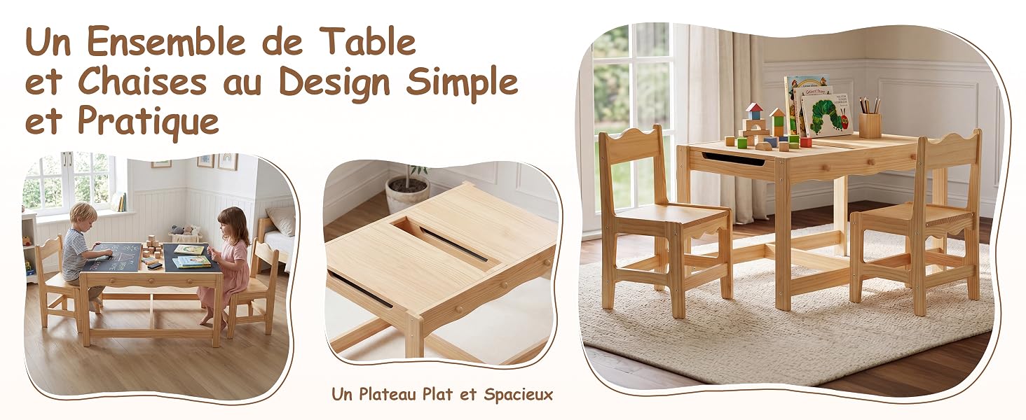 Le texte se lit comme suit : « Un ensemble de table et chaises au design simple et pratique » (Un ensemble de tables et de chaises au design simple et pratique). Ensemble de meubles de salle à manger en bois présenté sous plusieurs angles : scène de salle à manger complète, détail de la construction de la chaise et configuration de salle à manger vide.
