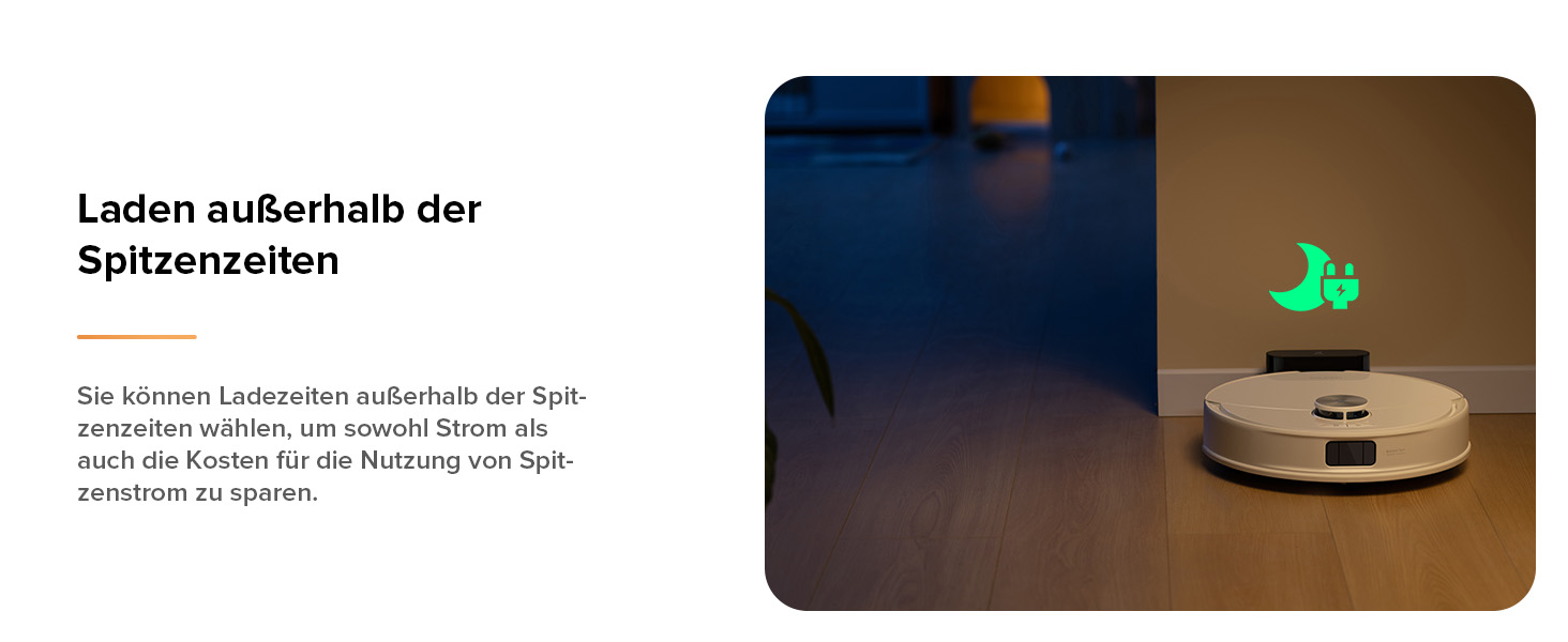 Weißer runder Roboterstaubsauger auf dunkler Oberfläche. Grüne Digitaluhranzeige sichtbar. Eine schwach beleuchtete Umgebung deutet auf einen Betrieb bei Nacht oder bei schlechten Lichtverhältnissen
