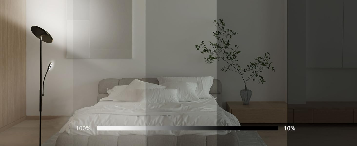 Minimalistisches Schlafzimmer mit weißer Bettwäsche, Stehlampe und Topfpflanze. Das Bild zeigt eine Helligkeitseinstellung von 100% bis 10%