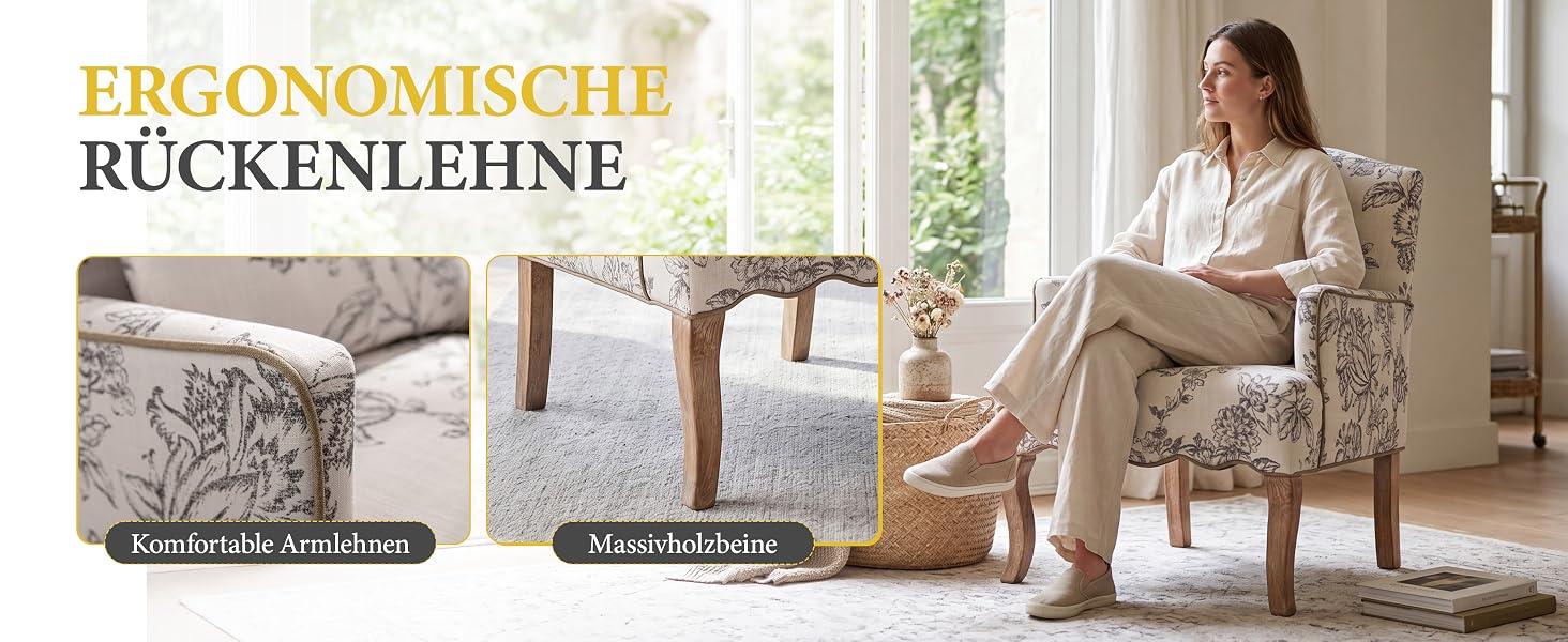 Der Text lautet „ERGONOMISCHE RÜCKENLEHNE“ in goldener Schrift. Frau sitzt auf ergonomischem Stuhl; zwei Detailbilder unten zeigen die Gestaltung der Rückenlehne und die Stützstruktur.