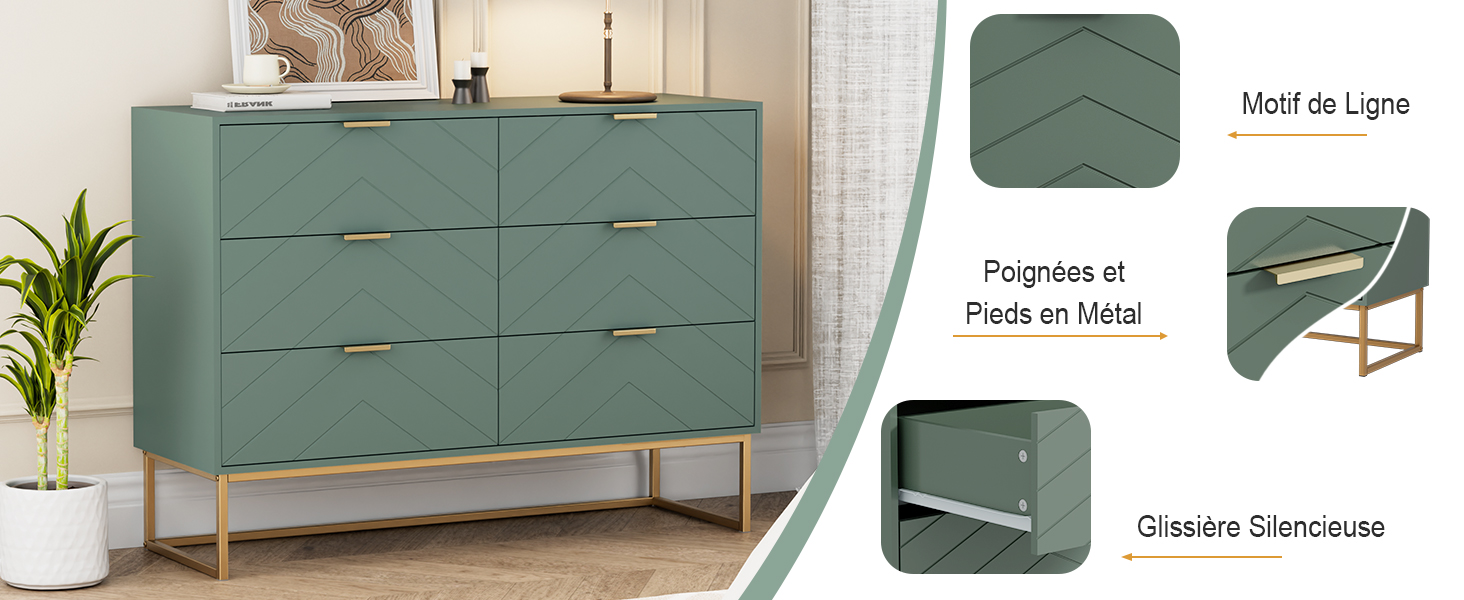 Armoire de rangement vert menthe à trois tiroirs à motif ondulé. Des pieds en métal doré soutiennent cette pièce moderne. Les panneaux latéraux présentent les détails « Motif de Ligne » et « Poignées et Pieds en Metal ».
