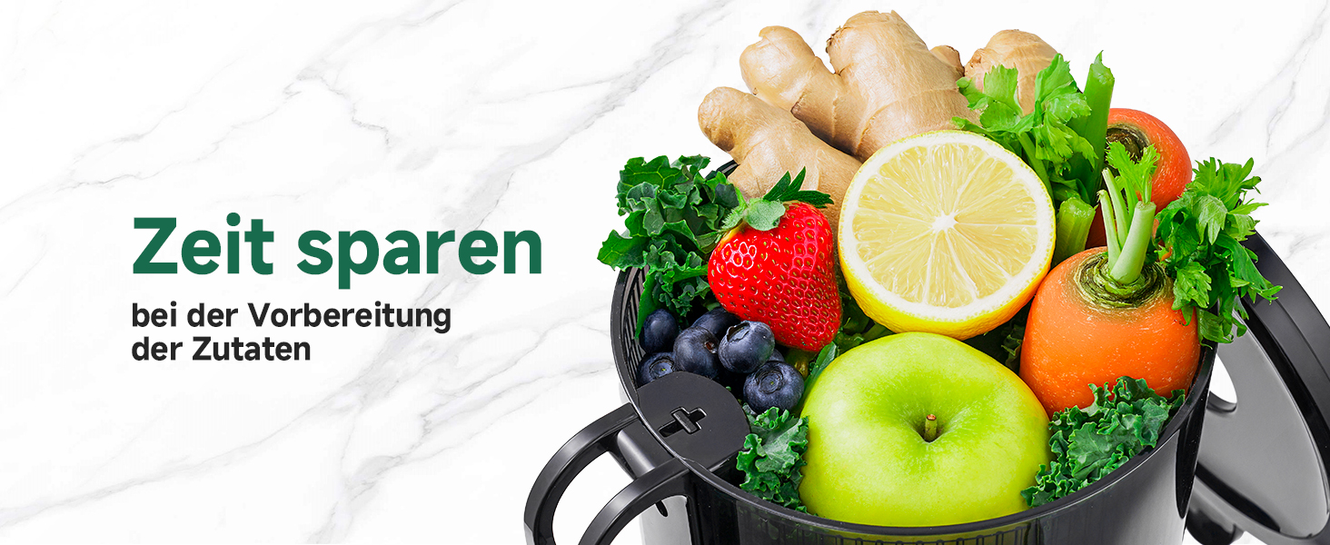 Der Text lautet „Zeit sparen“. Frische Produkte wie Zitrone, grünes Gemüse und Apfel, zubereitet mit Küchenutensilien und Kochgeschirr.