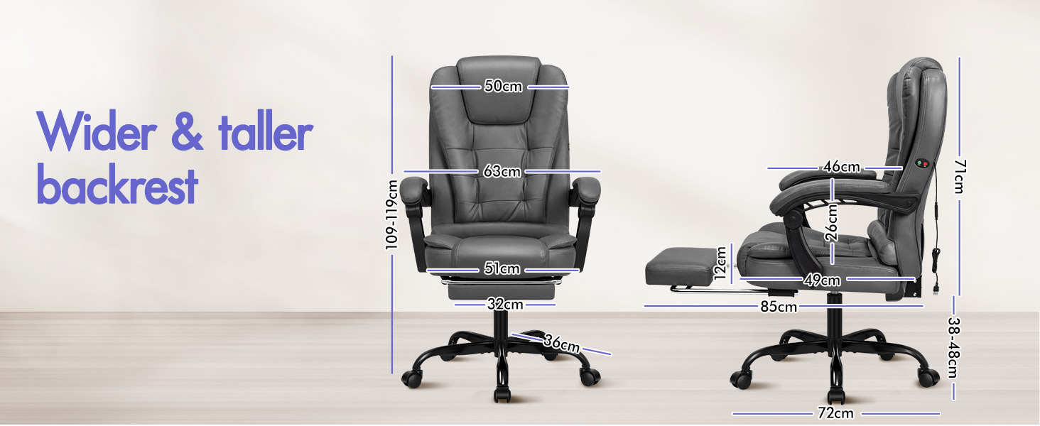 Text reads: 'Wider &amp; taller backrest'. Gray office chair displayed in front and side views with dimension lines marking width (85cm), depth (72cm), and height (36cm) of backrest.