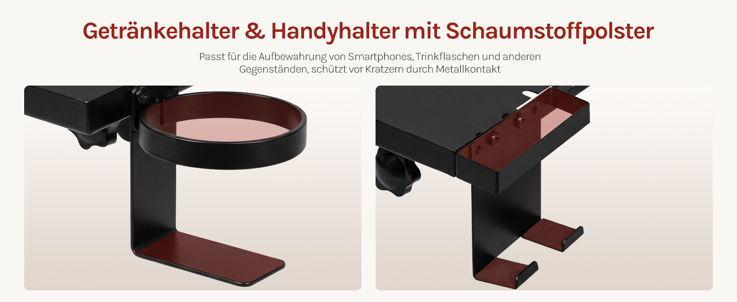 Der Text lautet „Getränkehalter &amp; Handyhalter mit Schaumstoffpolster“. Mehrere Ansichten eines Getränke- und Handyhalters mit Schaumstoffpolsterung aus verschiedenen Blickwinkeln.
