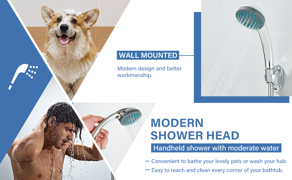 Modern handheld shower head with wall mount feature. Chrome finish with blue water-saving nozzles, designed for bathing pets and full bathroom coverage.
