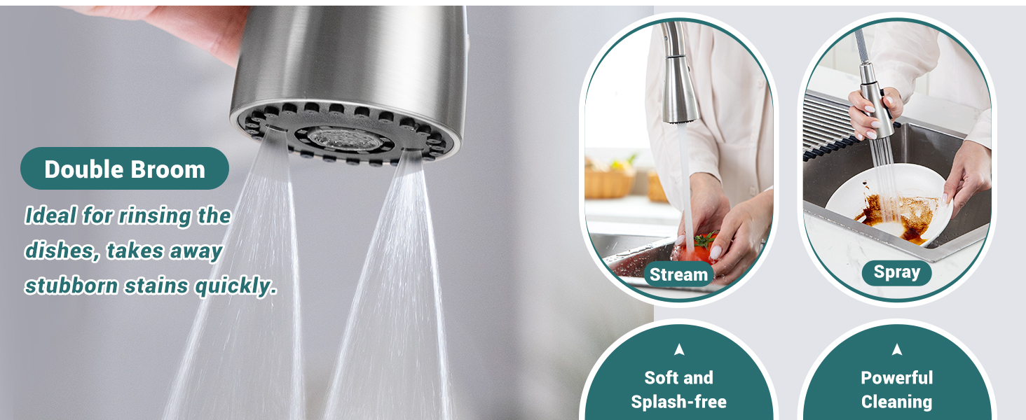 Kitchen faucet with double broom spray head. Features include water-saving stream, powerful spray, soft and splash-free operation, and ability to remove stubborn stains quickly.