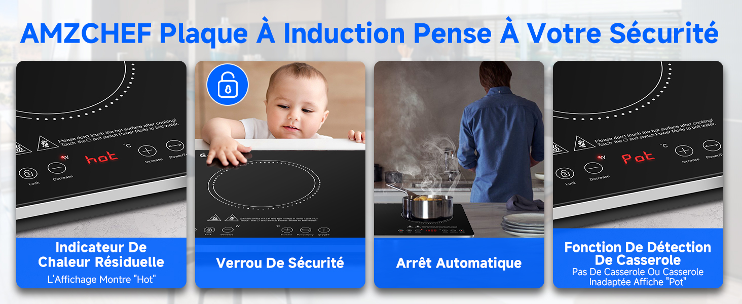 avec caractéristiques de sécurité : indicateur de chaleur résiduelle, verrouillage de sécurité pour enfants, arrêt automatique et détection des ustensiles de cuisine. Quatre panneaux présentent les détails de la table de cuisson et les scénarios d'utilisation