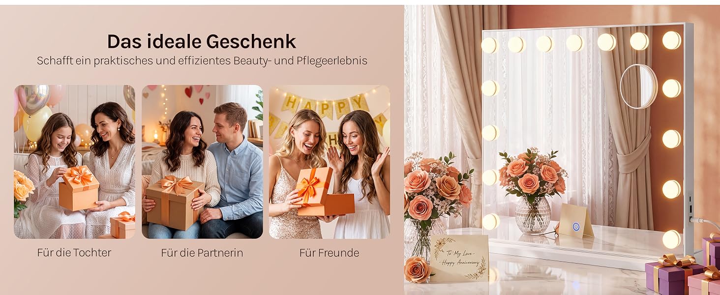 Der Text lautet „Das ideale Geschenk“. Werbebanner, das Menschen zeigt, die Kosmetik- und Schönheitsprodukte genießen. Schminkspiegel, Flaschen und Gläser auf rosafarbenem Hintergrund mit Lifestyle-Motiven.