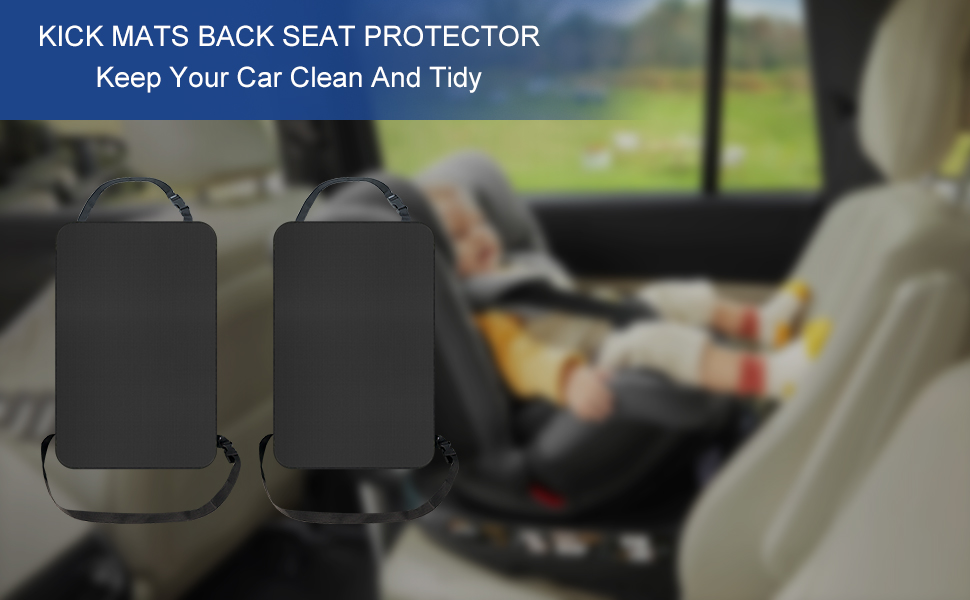 Black car seat back protectors hanging on front seats. Text indicates they are kick mats to keep car clean and tidy.