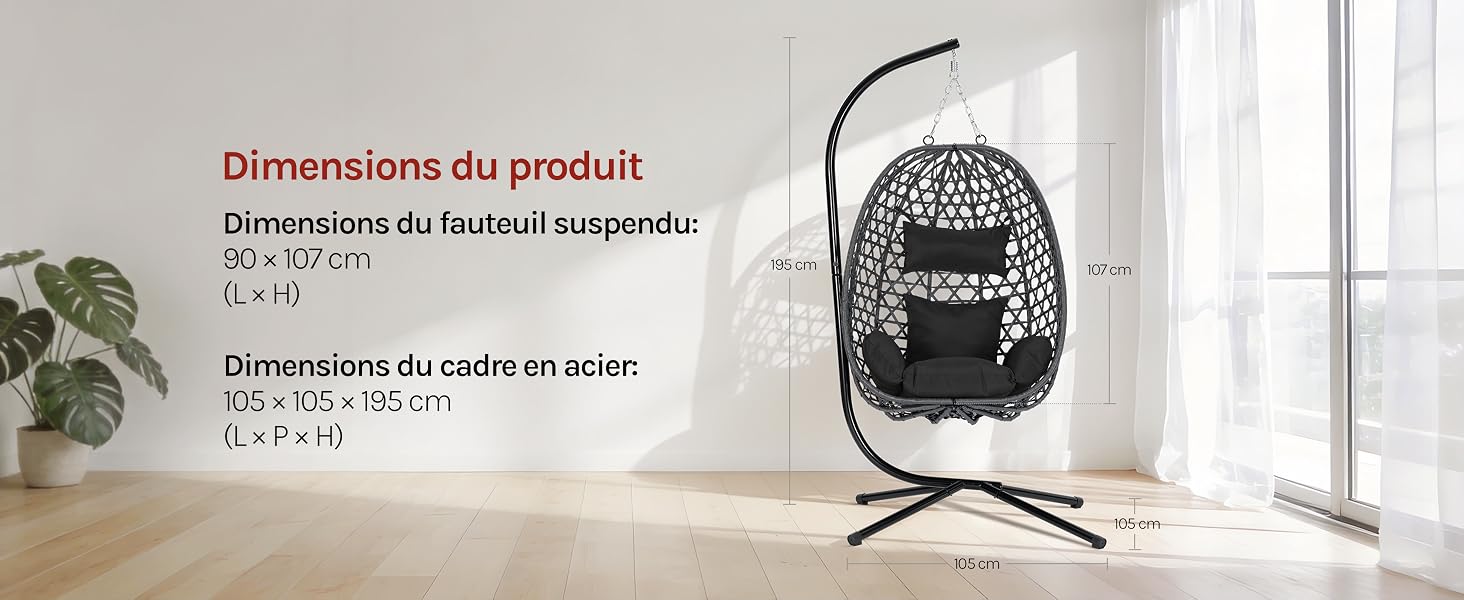 Le texte indique « Dimensions du produit » avec les mesures du fauteuil suspendu. Fauteuil suspendu noir en forme d'œuf avec support présenté dans un décor intérieur lumineux.