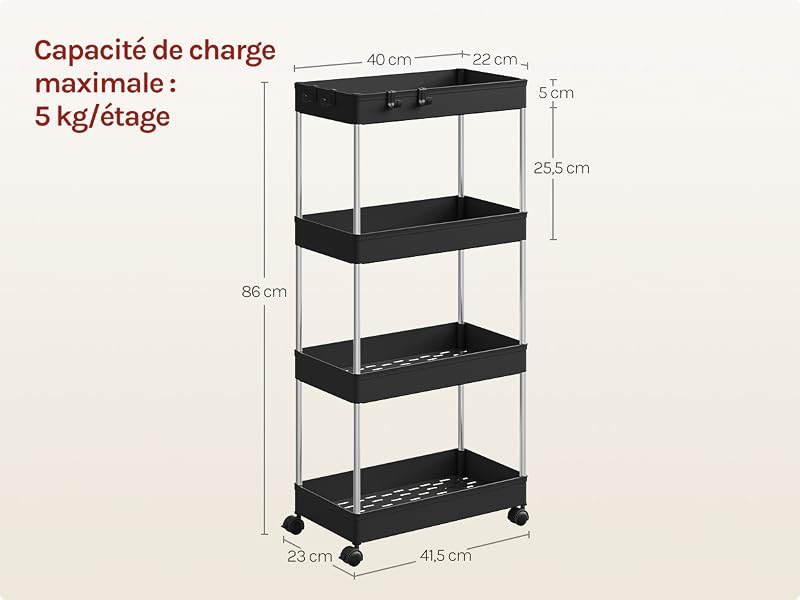 Le texte indique « Capacité de charge maximale : 5 kg/étage ». Schéma technique montrant une étagère noire à plusieurs niveaux avec les mesures et les spécifications de capacité de poids.