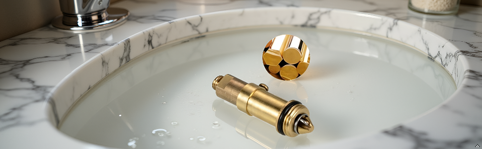 A close-up view of a modern bathroom sink with water droplets glistening on the smooth surface, crea