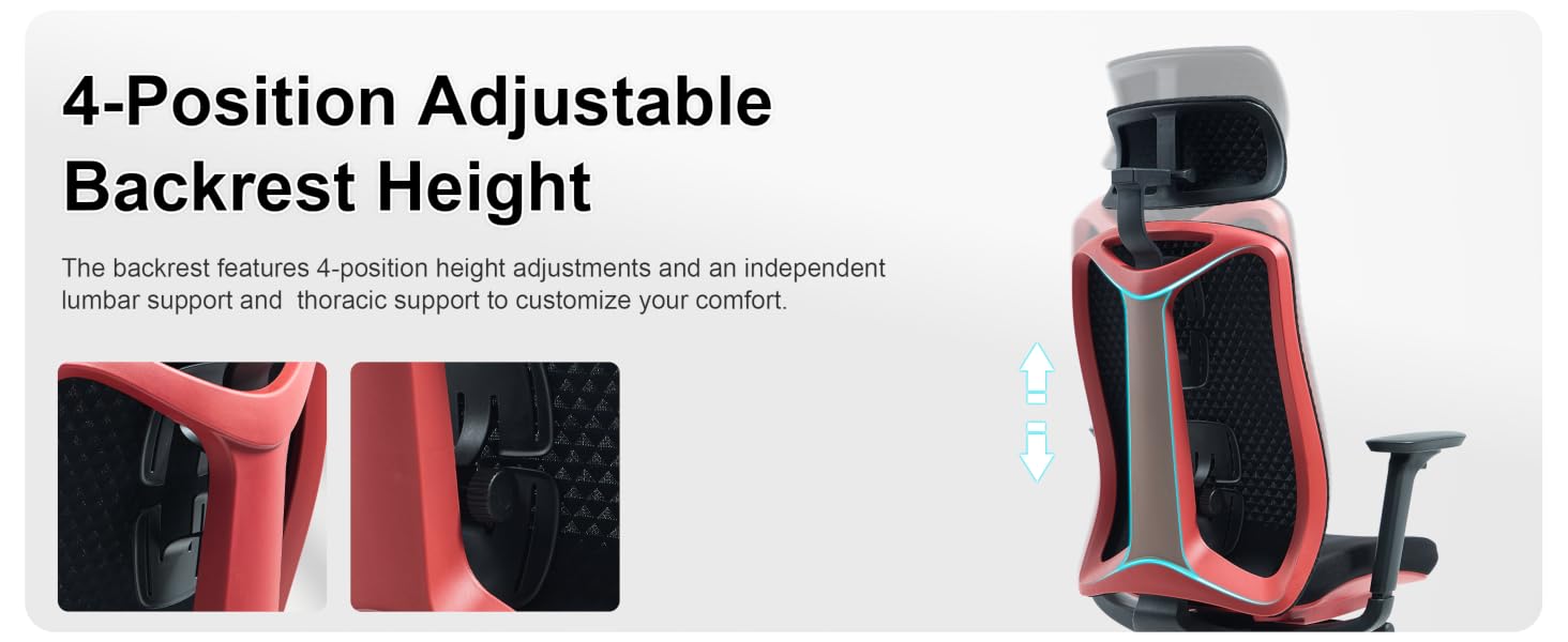 Text reads '4-Position Adjustable Backrest Height'. Multiple views of a red ergonomic office chair showing adjustable backrest feature and height settings.