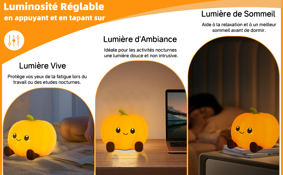 Il testo recita 'Luminette', seguito da numerose illustrazioni in stile cartone animato di lampade arancioni luminose con volti sorridenti su uno sfondo scuro.