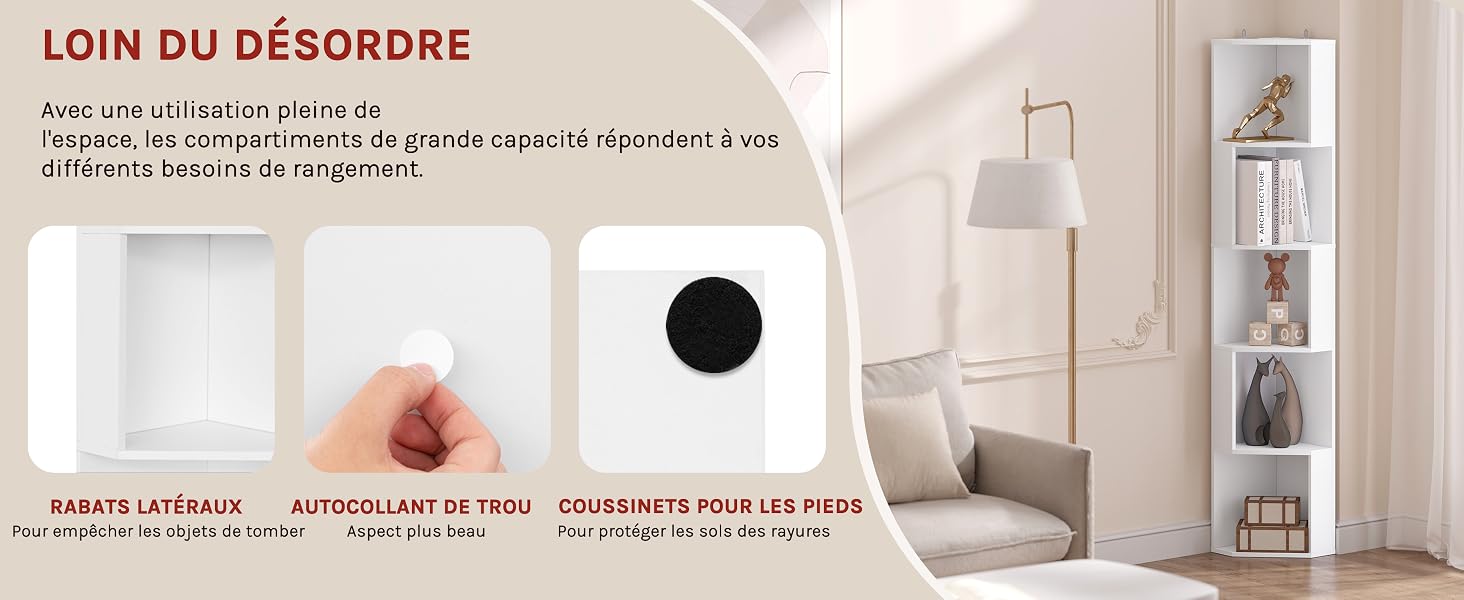 bibliothèque étagère angle coin meuble rangement blanc salon chambre colonne livre petite 