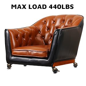 Text reads 'MAX LOAD 440LBS'. Multiple views of a tufted leather chair in cognac brown with black sides, featuring rolled arms and decorative wheels, shown from different angles.