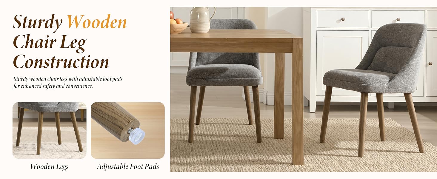 Text reads 'Sturdy Wooden Chair Leg Construction'. Shows dining table with gray upholstered chairs, featuring detailed construction view of wooden chair legs.