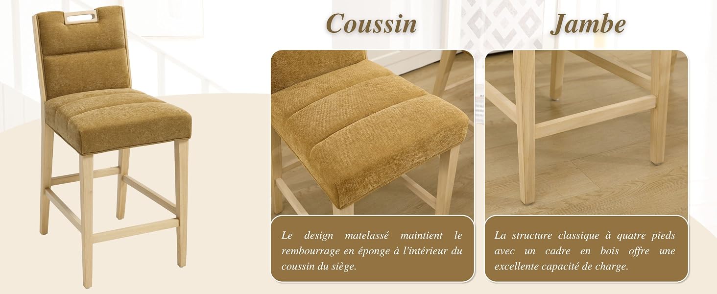 Plusieurs vues de chaises de salle à manger montrant les options d'assemblage ou de configuration, avec des cadres en bois et des sièges rembourrés.