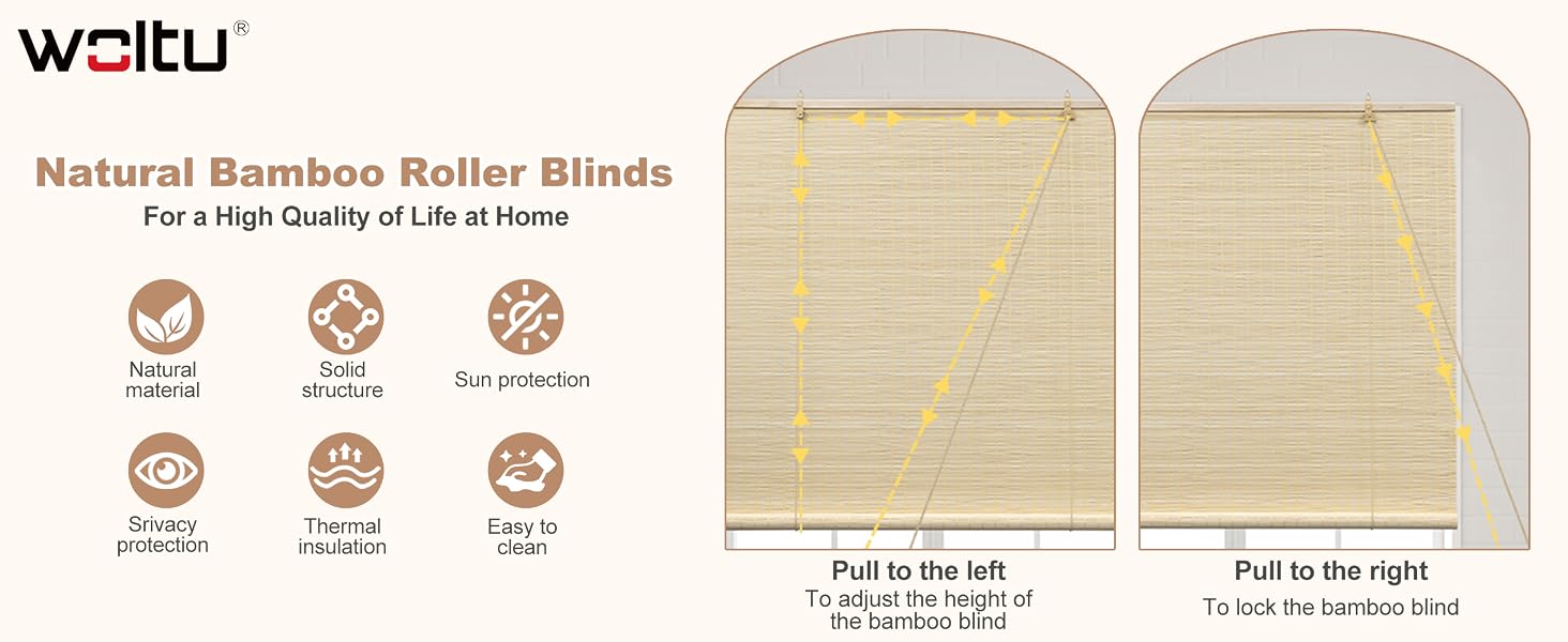 Tende a rullo in bambù naturale Woltu con diagrammi didattici che mostrano il funzionamento con cordoncino e sei icone con le caratteristiche che indicano i vantaggi