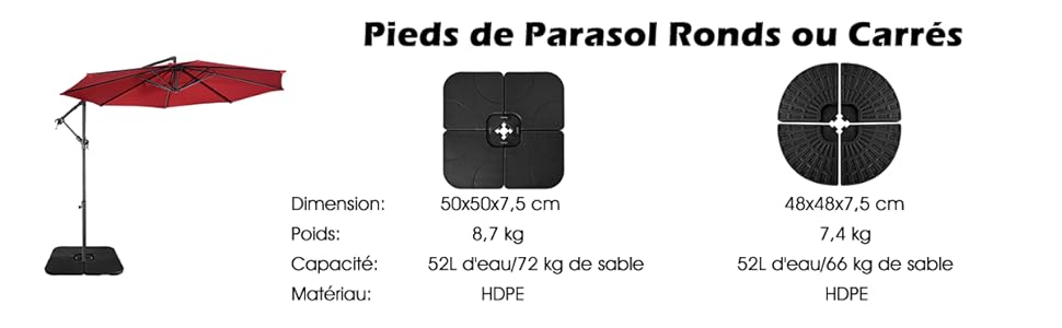 Pied De Parasol Déporté Lestable - Remplissage Eau/sable 60kg, Pour Mât 38-48mm, Base Stable