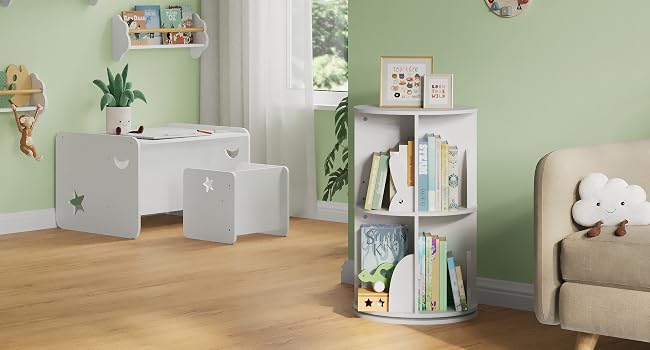 a living room with a book shelf and a chair.