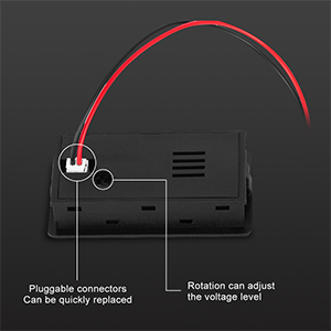 Gros plan d'un appareil électronique avec cordon d'alimentation rouge. Les étiquettes indiquent les connecteurs enfichables pour un remplacement rapide et un réglage du niveau de tension.
