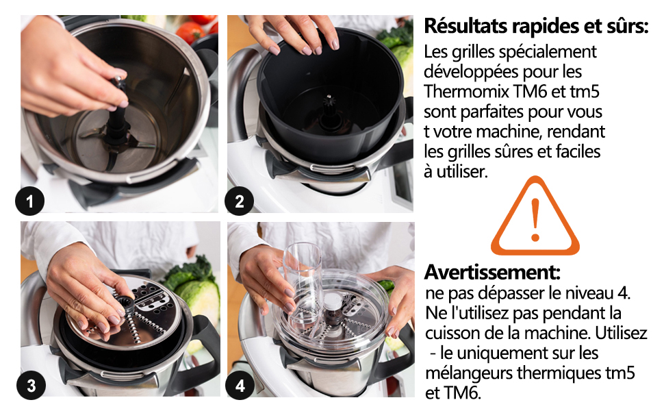 Demostración de accesorios para electrodomésticos de cocina en cuatro pasos: inserción, fijación y uso de rejillas especializadas para la preparación de alimentos. Incluye una advertencia de uso.