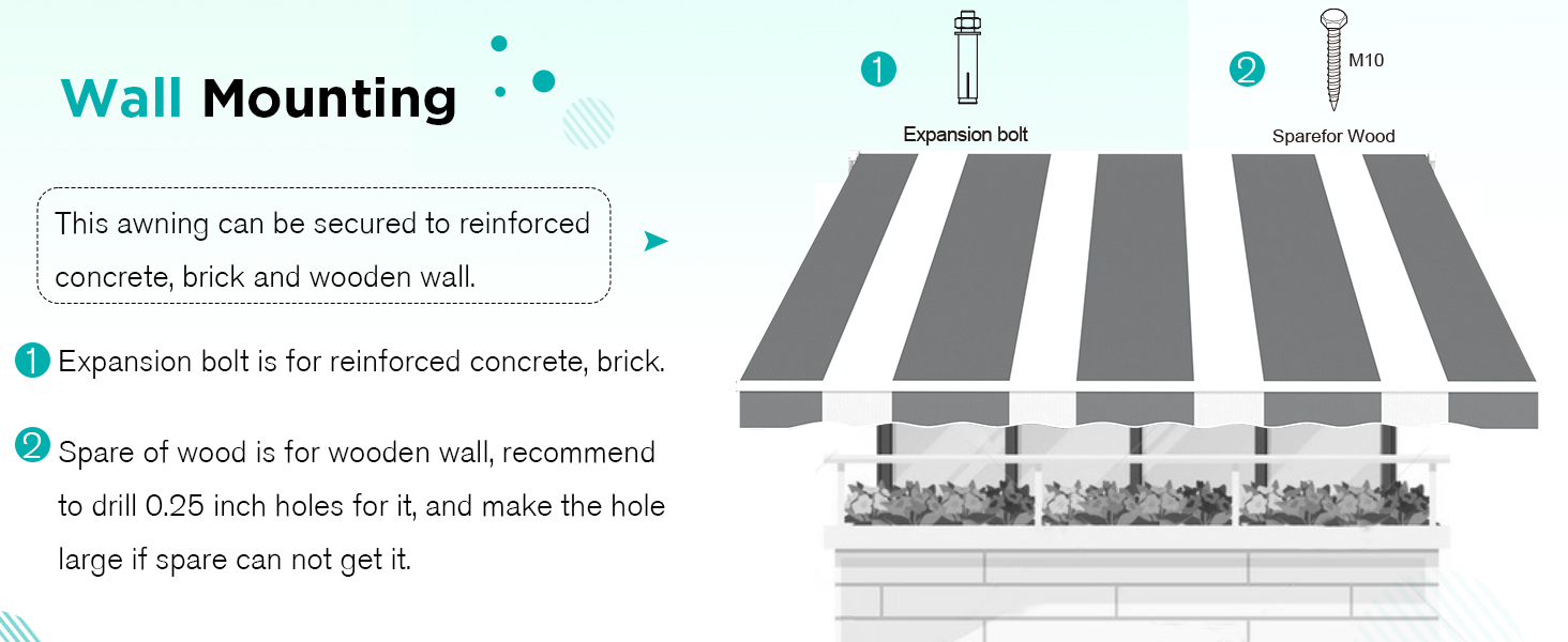 Text reads 'Wall Mounting' with technical diagram showing installation steps for wall-mounted system. Includes cross-sectional view of mounting brackets and rails.