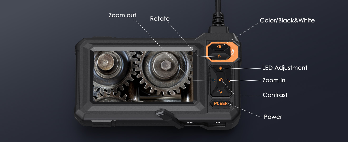 Dispositivo portatile nero con due obiettivi per fotocamera, pulsanti di controllo e funzioni etichettate tra cui zoom, rotazione, modalità colore, regolazione LED e alimentazione. Probabilmente una telecamera di ispezione o un endoscopio.