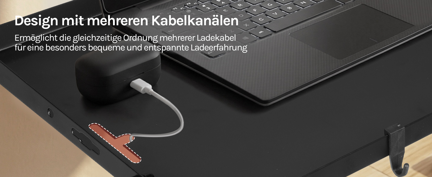 Der Text lautet 'Design mit mehreren Kabelkanälen'. Dunkle Oberfläche mit Kabelmanagementsystem oder Kanälen auf schwarzem Hintergrund.