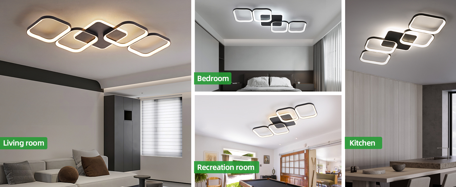 Moderne LED-Deckenleuchte mit mehreren miteinander verbundenen quadratischen Formen. Sie wird in verschiedenen Räumen wie Wohnzimmer, Schlafzimmer, Aufenthaltsraum und Küche gezeigt und demonstriert so ihre Vielseitigkeit und ihr zeitgemäßes Design