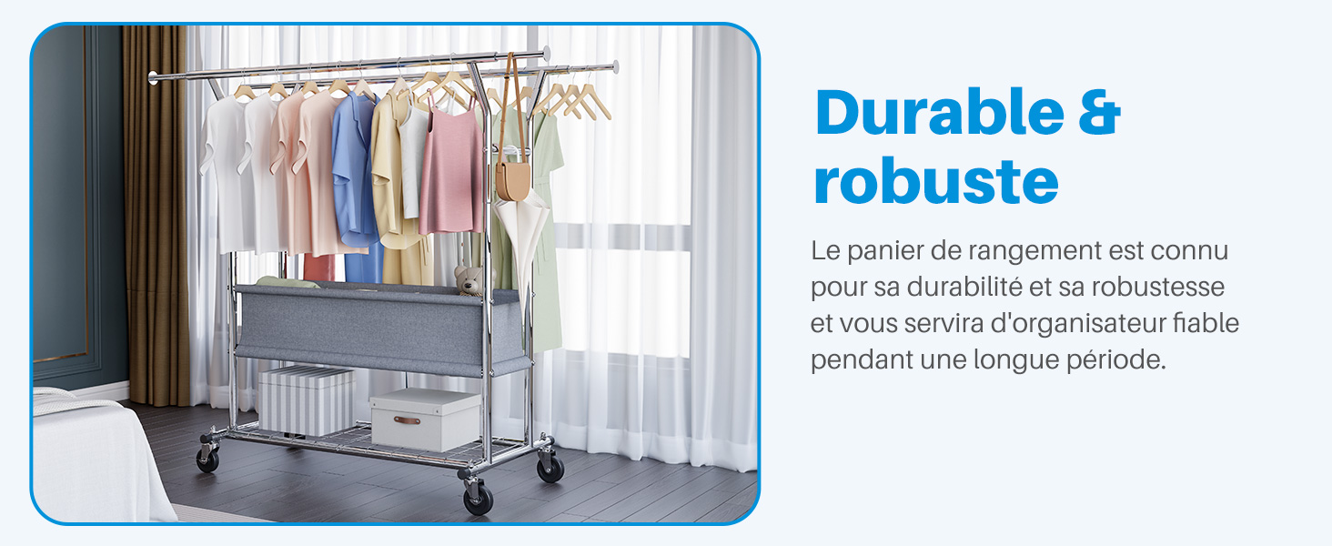 Le texte indique « Durable et robuste ». Montre une grande pièce ouverte avec des porte-vêtements et une unité de rangement mobile, semblant être un espace de vente au détail ou d'entreposage.