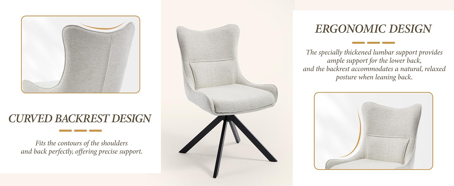 Text reads 'ERGONOMIC DESIGN' and 'CURVED BACKREST DESIGN'. Product diagram showing ergonomic features of an accent chair with detailed side and front views.