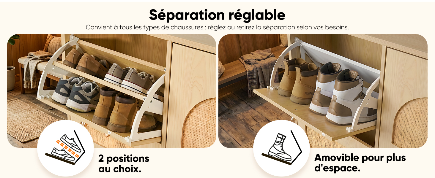 Le texte se lit comme suit : « Séparation réglable », « 2 positions au choix », « Amovible pour plus d'espace ». Système de rangement de tiroirs en bois présentant des séparateurs réglables et de multiples options de configuration.