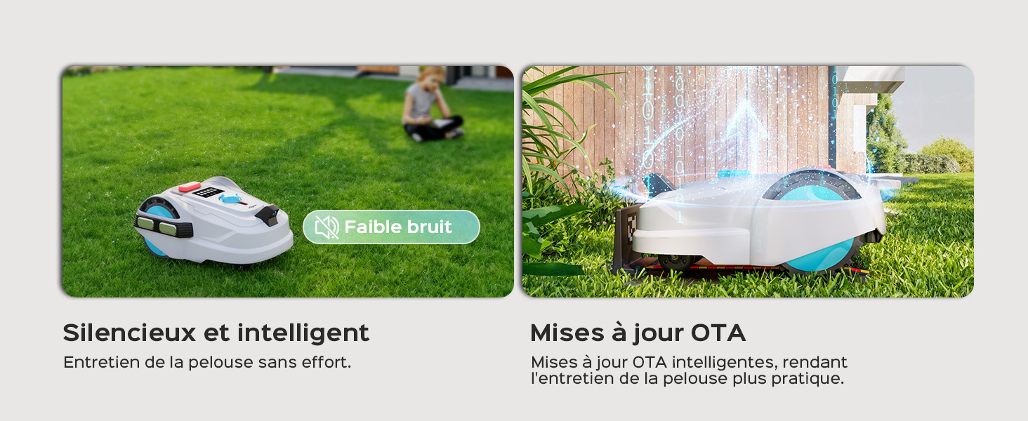 Le texte se lit comme suit : « Silencieux et Intelligent » et « Mises à jour OTA ». Deux scènes extérieures montrant une tondeuse à gazon robotisée opérant sur l'herbe et la terrasse.