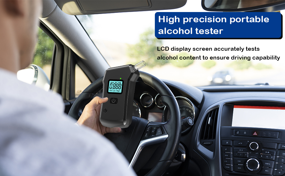 Text reads: 'High precision portable alcohol tester'. Device shown from multiple angles displaying digital readout and testing mechanism.