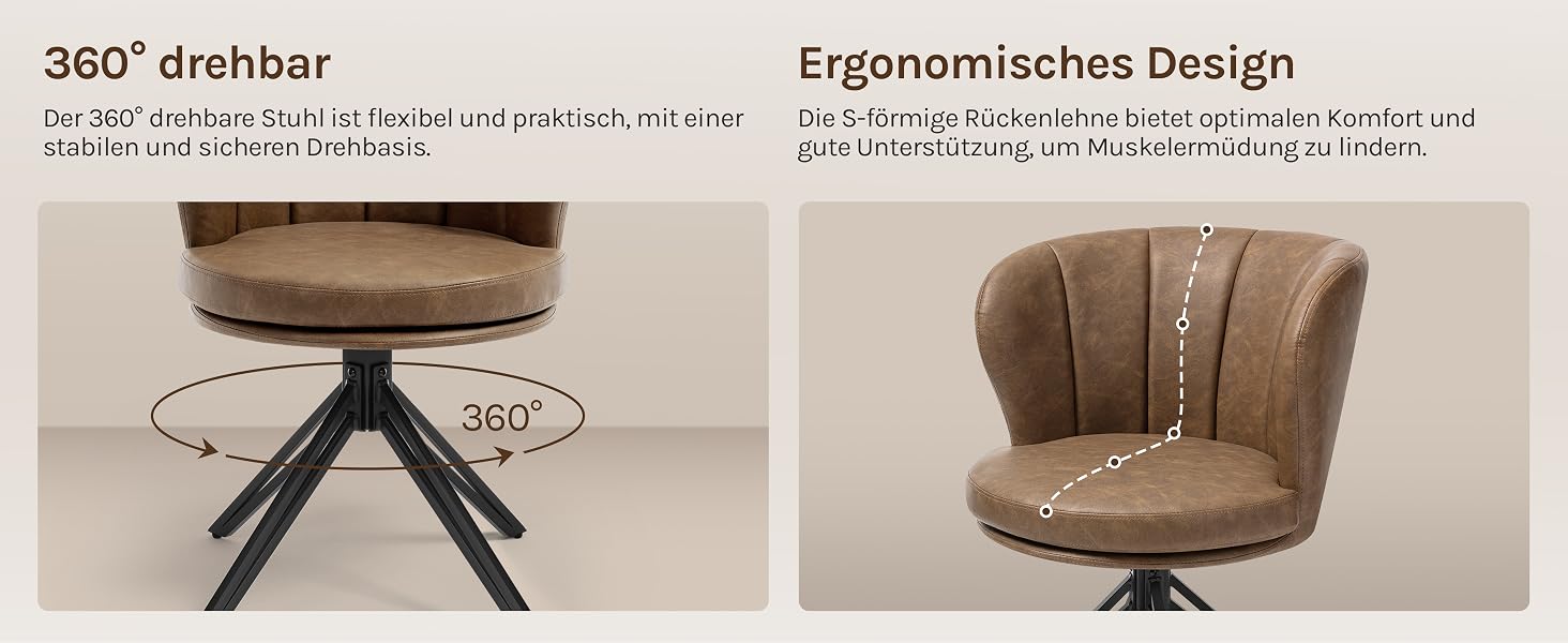 Der Text lautet „360° drehbar“ und „Ergonomisches Design“. Zwei moderne Polsterstühle sind abgebildet, ein brauner Drehstuhl und ein Stuhl mit geschwungenem Akzent.