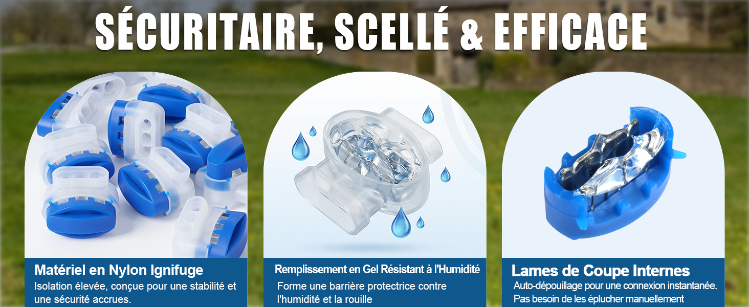 Le texte se lit comme suit : « SECURITAIRE, SCELLE &amp; EFFICACITÉ ». Trois dispositifs dentaires ou médicaux bleus sont présentés avec une description en français en dessous de chacun.